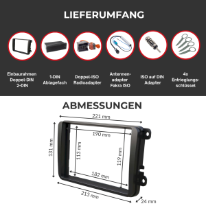 Audioproject A132 Radioblende Set 2 DIN 1 DIN für VW Skoda Seat Radioblende Fach Quadlock ISO Radioadapter Antennenadapter Entriegelung  Autoradio
