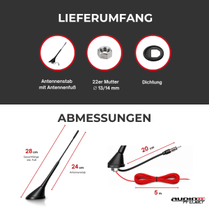 Audioproject A285 Autoantenne 24cm Fuß 5m Kabel AM FM UKW 16V Verstärker Stromkabel Kurzstab Dachantenne Universal Autoradio