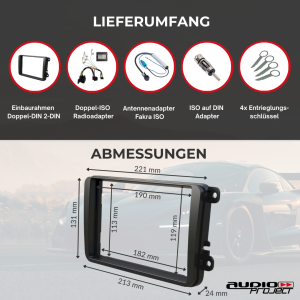 Audioproject A110 Radioblende CanBus Set Doppel DIN ISO für VW Golf Skoda Seat Radioadapter Antennenadapter Entriegelung Autoradio Einbaurahmen